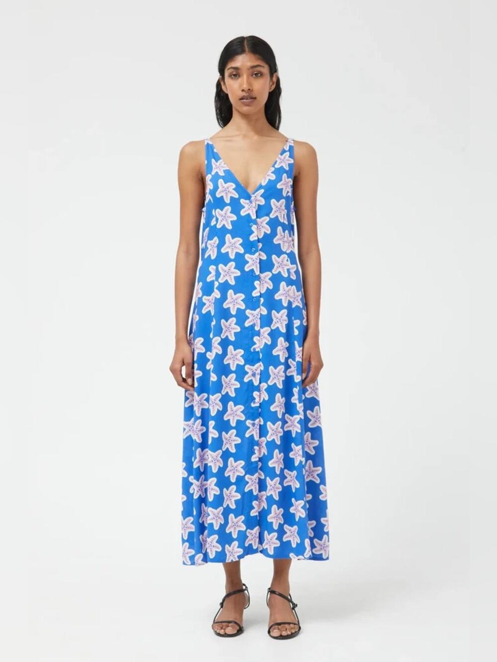 NWT Compania Fantastica Button Front Tie Waist Maxi Dress Starfish Print Blue Sm